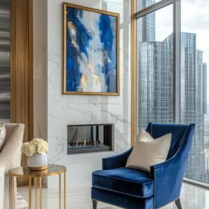 A luxurious modern living space featuring a navy velvet armchair with a beige pillow, set near a sleek marble fireplace. Large floor-to-ceiling windows reveal a panoramic city skyline with glass skyscrapers. A blue and gold abstract painting hangs above the fireplace.