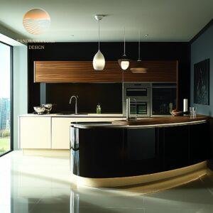 Modern luxury kitchen interior with sleek black and wood finishes, curved island, pendant lighting, and large window with city view.