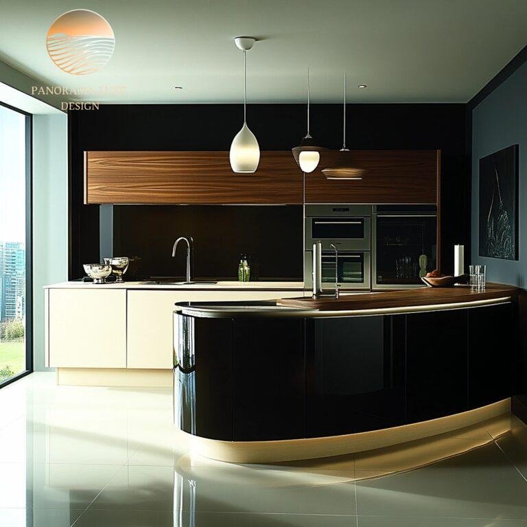 Modern luxury kitchen interior with sleek black and wood finishes, curved island, pendant lighting, and large window with city view.