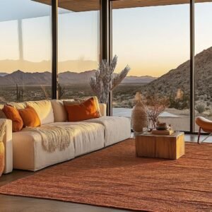 A cozy living room with floor-to-ceiling windows showcasing a desert landscape at sunset.