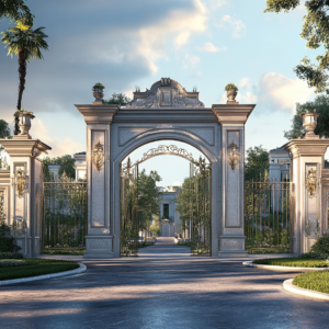 A luxurious estate entrance with ornate wrought iron gates, gold-accented stone columns, and lush greenery, leading to a grand mansion.