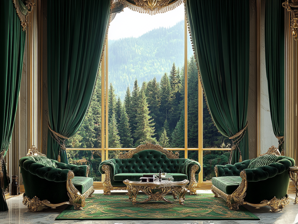 A lavish living room with emerald green velvet sofas, gold accents, and panoramic floor-to-ceiling windows showcasing a lush green forest.