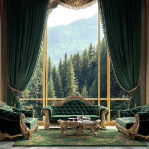 A lavish living room with emerald green velvet sofas, gold accents, and panoramic floor-to-ceiling windows showcasing a lush green forest.