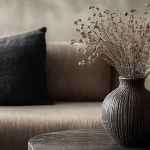 Minimalist living room with a neutral-toned couch, black pillow, and a decorative vase.