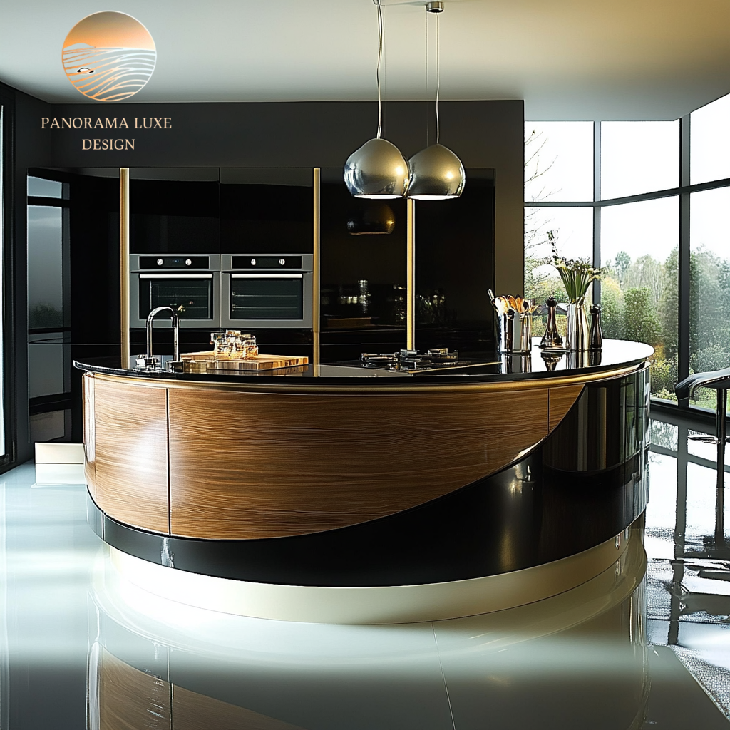 Elegant kitchen with a semi-circular island, glossy black and wood cabinetry, silver dome pendant lights, and full-height windows.