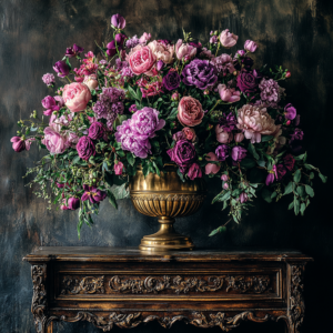 A luxurious bouquet of pink and purple roses, peonies, and tulips in an ornate brass vase, set on a carved antique wooden table against a dark textured background.