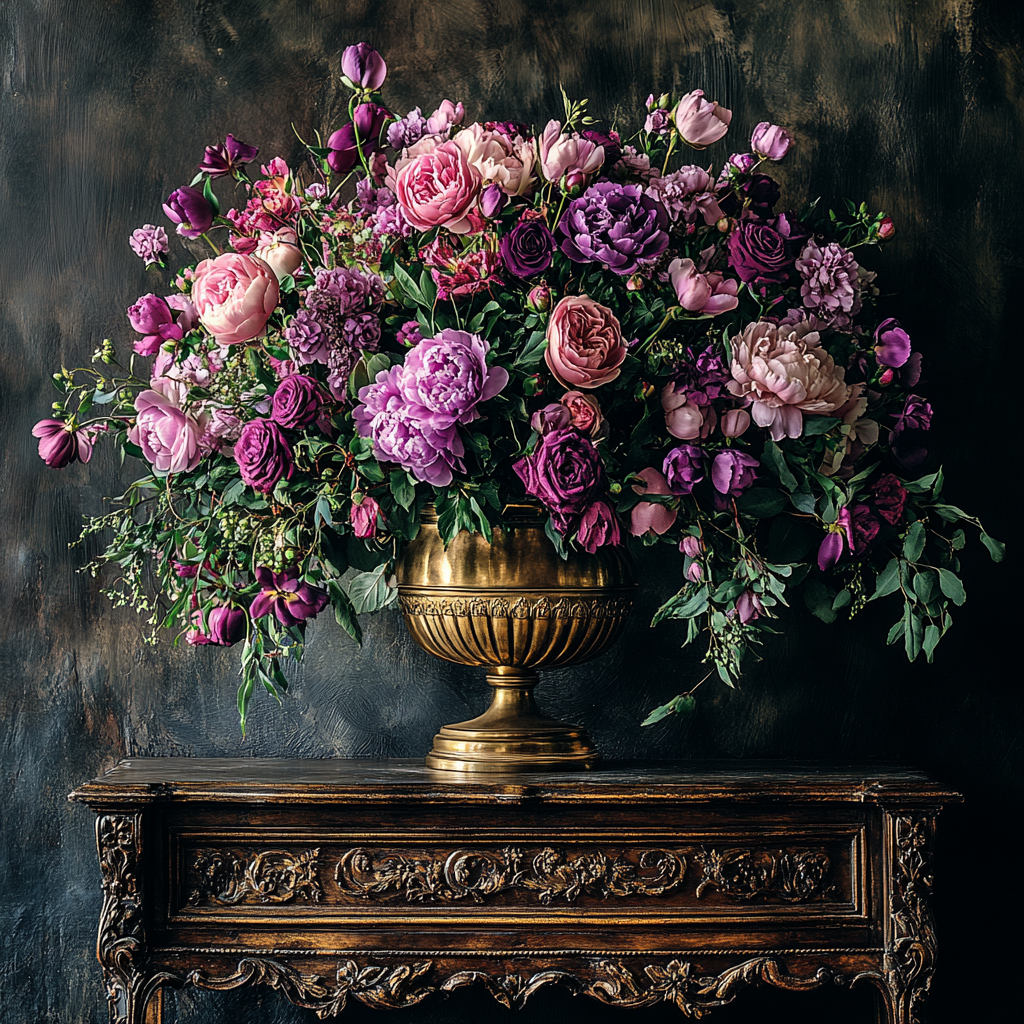 A luxurious bouquet of pink and purple roses, peonies, and tulips in an ornate brass vase, set on a carved antique wooden table against a dark textured background.