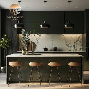 Dark green kitchen with marble backsplash, pendant lighting, and wood bar stools.