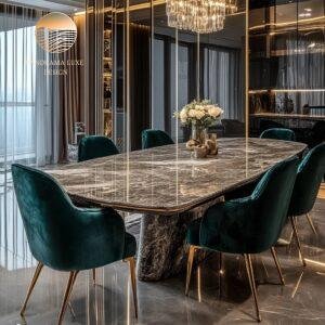 Luxury modern dining room featuring emerald velvet chairs, a polished marble table, and a crystal chandelier.