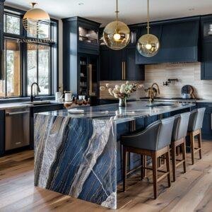 Modern navy kitchen with a large striated blue and gray island and globe pendant lighting.