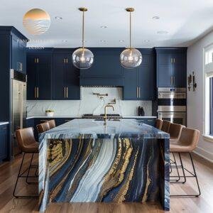 Striking kitchen with blue cabinets and a vivid island featuring gold and sapphire stone patterns.