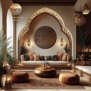 Moroccan-style lounge area with luxurious lighting and plush seating.