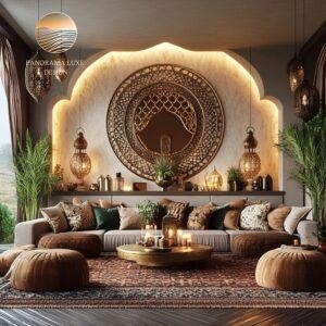 Moroccan-inspired living space with a rich, earthy color palette and ambient lighting.