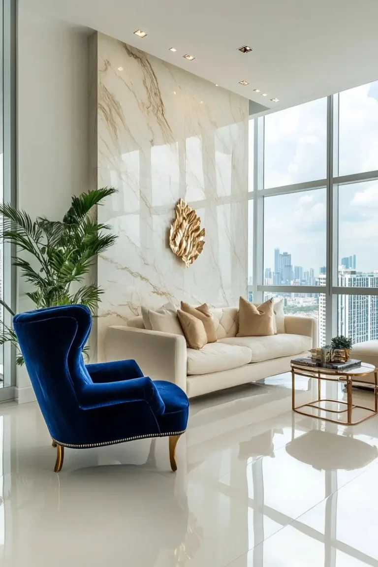 Bright luxury living room with marble feature wall, blue chair, and gold accents during the day.