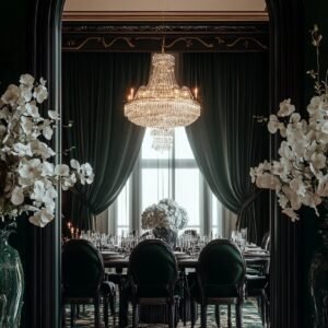 Grand formal dining room viewed through an arched doorway, with green velvet chairs and a large crystal chandelier.