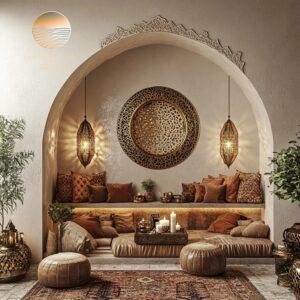 Cozy, Moroccan-style alcove with warm hues and intricate wall decor.
