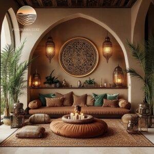 Luxurious Moroccan-style seating area with vibrant colors and golden accents.