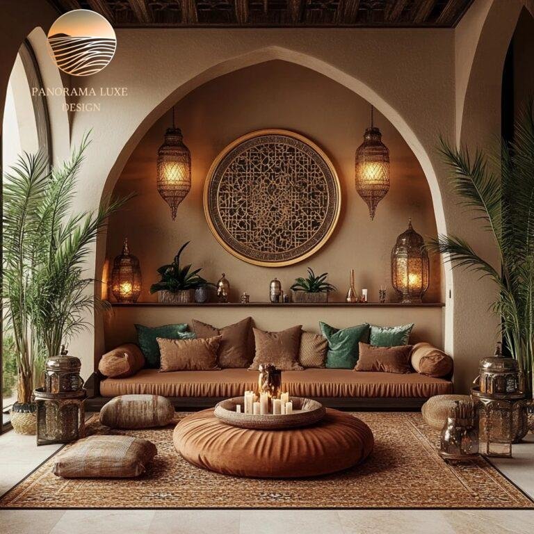 Luxurious Moroccan-style seating area with vibrant colors and golden accents.