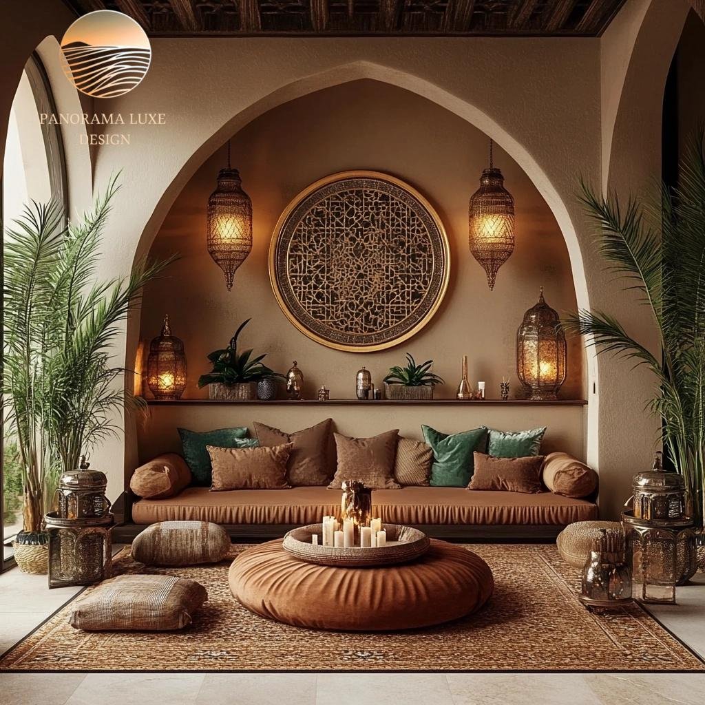 Luxurious Moroccan-style seating area with vibrant colors and golden accents.
