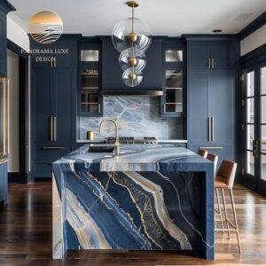 Elegant kitchen with a high-gloss island in swirling blue, white, and gold veining.