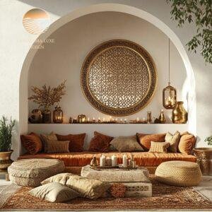Moroccan-inspired living space with intricate wall art and plush seating.