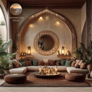 Warm and inviting Moroccan-inspired living room with soft lighting and plush seating.