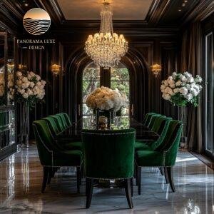 Luxurious dining room with dark wood paneling, green velvet chairs, white floral centerpieces, and a crystal chandelier.