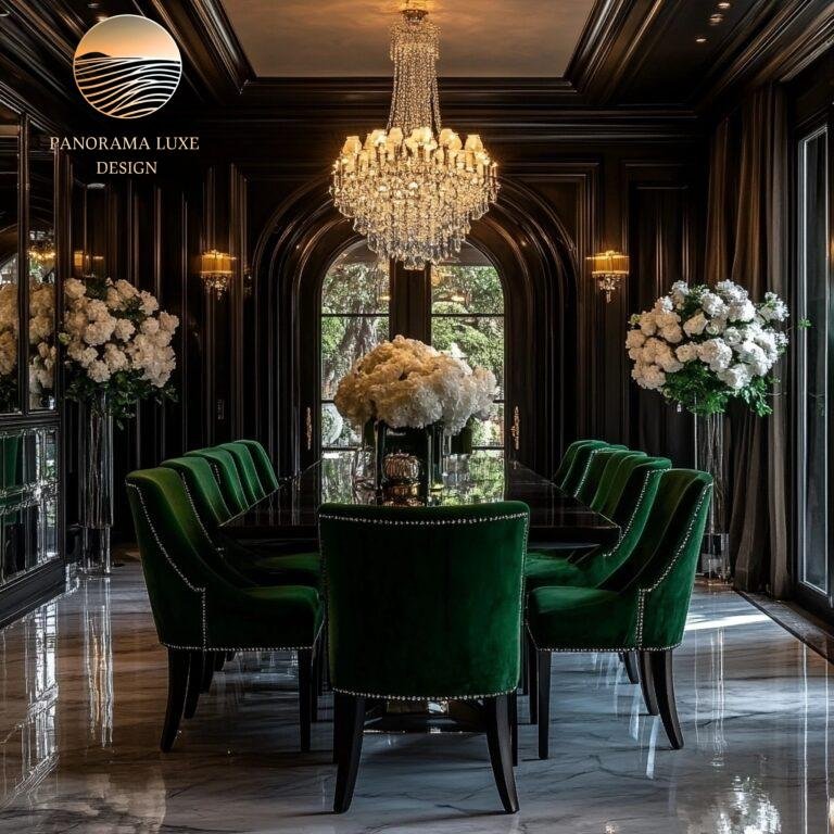 Luxurious dining room with dark wood paneling, green velvet chairs, white floral centerpieces, and a crystal chandelier.