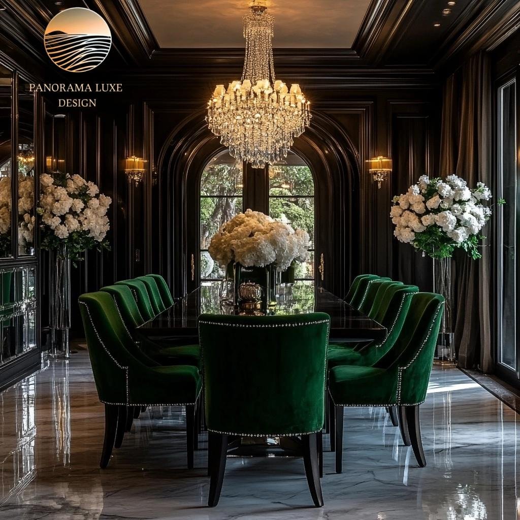 Luxurious dining room with dark wood paneling, green velvet chairs, white floral centerpieces, and a crystal chandelier.