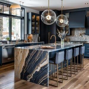 Contemporary kitchen with navy cabinets and a dramatic island featuring black, gold, and beige veining.