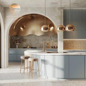 A kitchen with curved blue cabinetry, a marble countertop, and gold pendant lights in a soft, modern design.