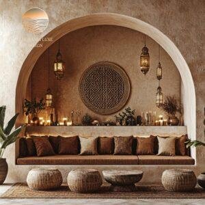 Spacious Moroccan-style living room with a large round mirror and cozy seating.