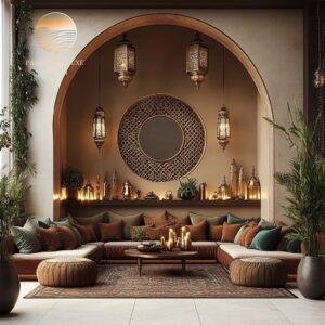Luxurious Moroccan lounge with golden accents and lush greenery.