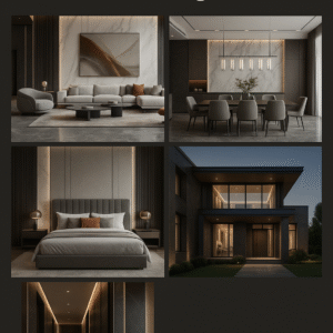 Contemporary two-story home with clean lines, large windows, and minimalist landscaping.