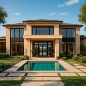 Contemporary luxury house with large windows and private pool