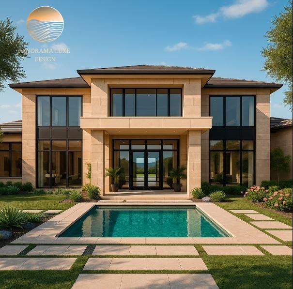 Contemporary luxury house with large windows and private pool