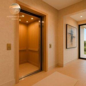 Residential elevator with wood paneling and soft lighting