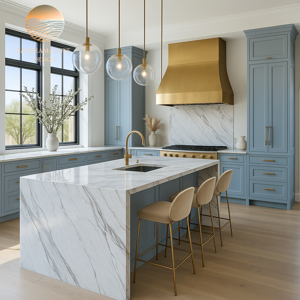 A modern kitchen featuring soft blue cabinetry, a marble island with white and gray veining, gold accents, beige barstools, and pendant lighting, with large windows offering a view of greenery.