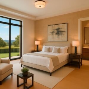 Bedroom with modern decor, large windows, and scenic view
