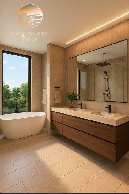 Contemporary bathroom with soaking tub, dual vanity, and walk-in shower