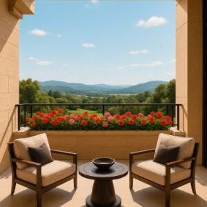 Outdoor balcony with chairs, small table, and panoramic view