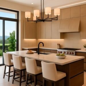 Sleek kitchen with island bar, built-in appliances, and natural wood cabinets