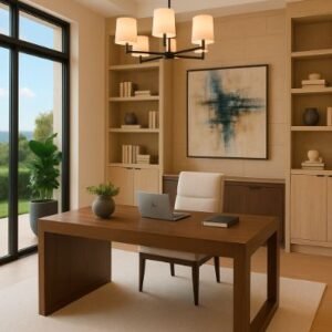Minimalist office with wood desk, shelving, and large windows