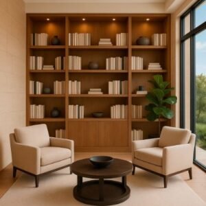 Cozy reading space with two chairs and full wall bookshelf