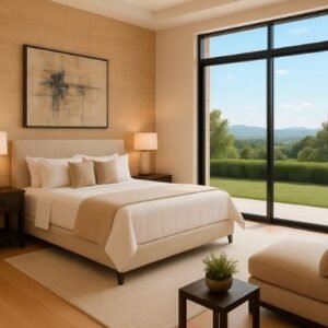 Elegant bedroom with large window, neutral bedding, and natural tones