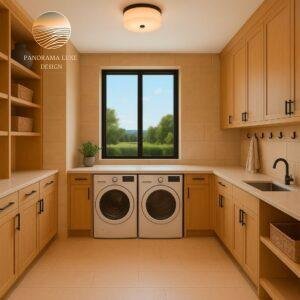 Organized laundry room with front-load machines and wooden cabinets