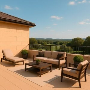 Elevated patio with cushioned seating and panoramic views