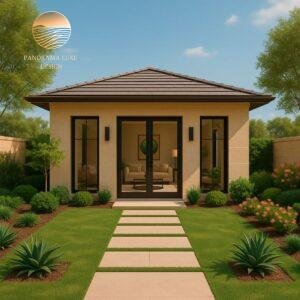 Detached guest house with symmetrical landscaping and walkway