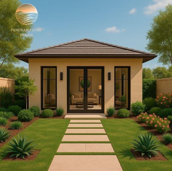 Detached guest house with symmetrical landscaping and walkway