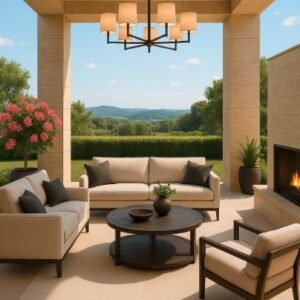 Outdoor living room with modern furniture, fireplace, and mountain views